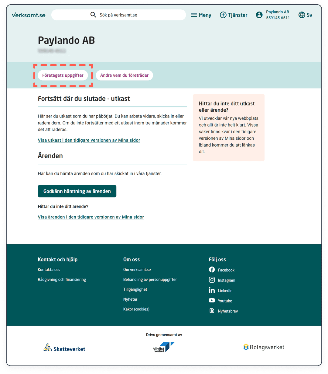 Klicka nu på "Företagets uppgifter"