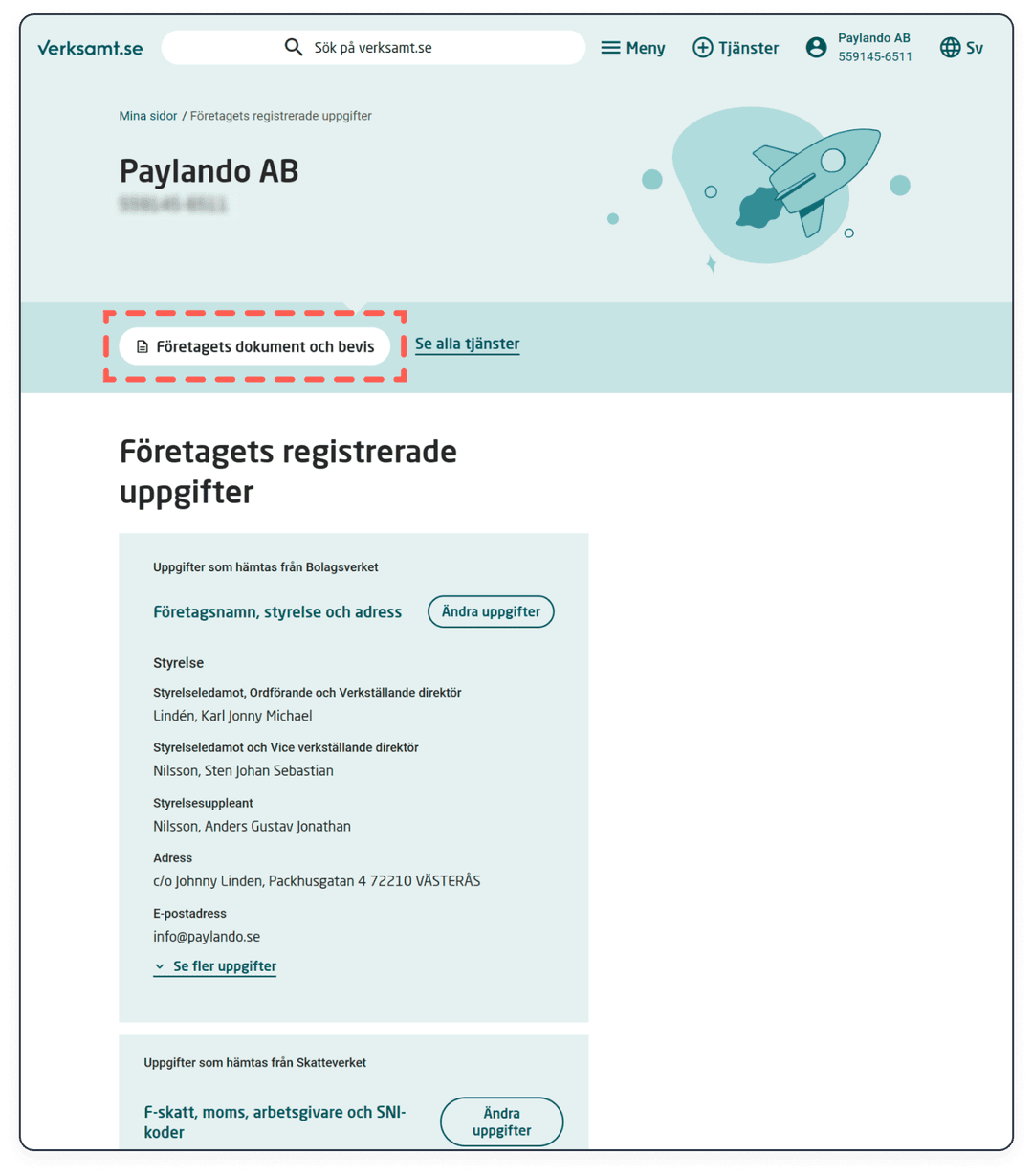 Valitse "Yrityksen asiakirjat ja todistukset"
